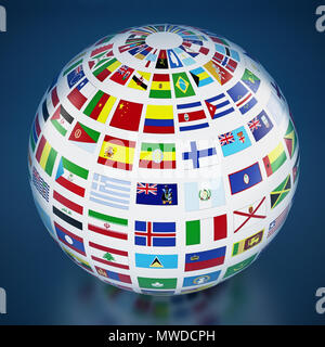 Flaggen rund um den Globus auf blauem Hintergrund. 3D-Darstellung. Stockfoto