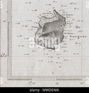 . Englisch: eine schöne Französische nautische Karte oder Karte 1852 herausgegeben vom Depot de la Marine. Prächtige Detail sowohl im Landesinneren auf See. Angebote Gräfin Tiefenangaben sowie Hinweise auf undersea Features wie Banken und Untiefen. Ebenso beeindruckend Detail im Binnenland mit wunderschön gravierten Topographie und detaillierte Insel Struktur der einzelnen Straßen und Gebäuden. Die Insel Gorgona (Gorgone) als Ausschnitt. Von Theodore Ducos für die Depot - General de la Marine im Jahre 1852 herausgegeben. English: Hervorragende französische Seekarte, herausgegeben 1852 durch das Marineamt. Sie enthält als Kartenausschnit Stockfoto