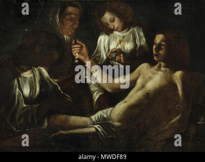 . English: Umkreis des Caravaggio: Die hl. Irene von Rom pflegt den hl. Sebastian. Öl auf Leinwand. 101 x 135 cm. Englisch: In der Art und Weise von Caravaggio: Saint Irene von Rom Pflege des Heiligen Sebastian. Öl auf Leinwand, 101 x 135 cm. 17. Jahrhundert?. Siehe Beschreibung 299 Irene von Rom und St. Sebastian Stockfoto