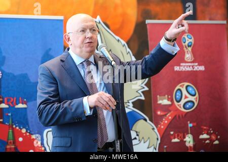 New York, USA. 1. Juni 2018. Der Botschafter Russlands bei der UNO Vassily Nebenzia während einer 2018 Wm Präsentation Veranstaltung am Sitz der Vereinten Nationen in New York am Freitag, 01. (Foto: WILLIAM VOLCOV/BRASILIEN FOTO PRESSE) Credit: Brasilien Foto Presse/Alamy leben Nachrichten Stockfoto