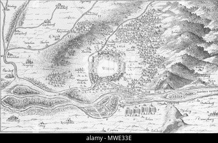 . English: Heereslager des Herzogs Karl V. von Lothringen vor Wien, 1683. Englisch: Army Camp von Charles, Herzog von Lothringen (Herzog von Lothringen), in der Nähe von Wien, 1683 Ungarisch: Lotaringiai Károly tábora mellett Bécs, 1683. Datum unbekannt. Nach Leander Anguissola 269 Heereslager Herzog von Lothringen Stockfoto