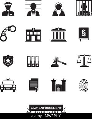 Sammlung der Strafverfolgungsbehörden Glyphe Symbole. Strafjustiz Symbole Stock Vektor