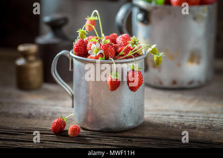 Lecker und frisch wilde Erdbeeren in der alten Holzkiste Stockfoto