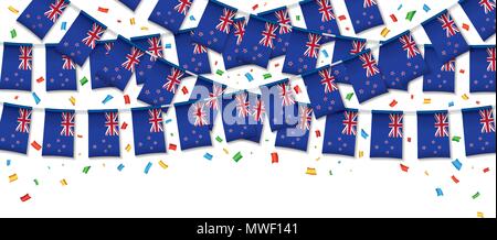 Neuseeland Flagge Girlande weißen Hintergrund mit Konfetti, hängen Bunting für Independence Day Feier Vorlage Banner, Vektor, Abbildung Stock Vektor