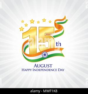 15. August Unabhängigkeit Indiens Logo, typografische Embleme & Abzeichen mit grauem Hintergrund, eine Inschrift in Englisch 'Happy Independence Day' Stock Vektor