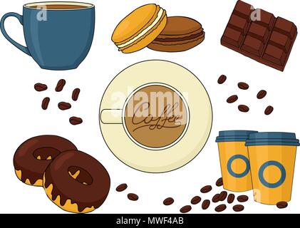 Satz von chocolate Desserts und Kaffeespezialitäten. Stock Vektor