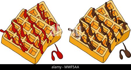 Waffeln mit Berry Sirup und Schokolade. Vector Illustration auf weißen isoliert. Stock Vektor