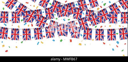 UK Fahnen Girlande weißen Hintergrund mit Konfetti, hängen Bunting für Vereinigtes Königreich Feier zum Tag der Vorlage Banner, Vektor, Abbildung Stock Vektor