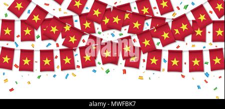 Vietnam Fahnen Girlande weißen Hintergrund mit Konfetti, hängen Bunting für vietnamesische Independence Day Feier Vorlage Banner, Vektor, Abbildung Stock Vektor