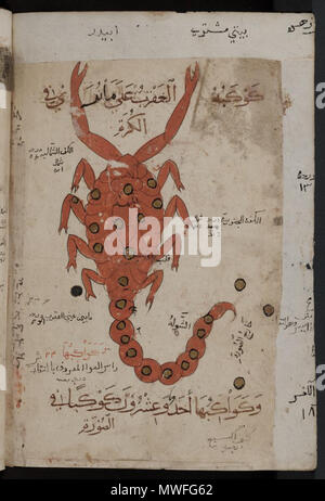 . Englisch: Kitab al-Bulhan = Composite Astrologie/Astronomie/Geomantie arabischen Manuskript. Ende des 14. Jahrhunderts. Mehrere/Unbekannt 341 Kitab al-Bulhan------- Sternzeichen Skorpion Stockfoto