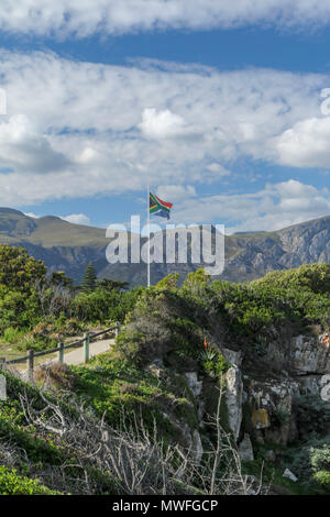 Die südafrikanische Flagge auf dem hermabnus Cliff Walk, Garden Route, Südafrika Stockfoto