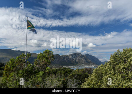 Die südafrikanische Flagge auf dem hermabnus Cliff Walk, Garden Route, Südafrika Stockfoto