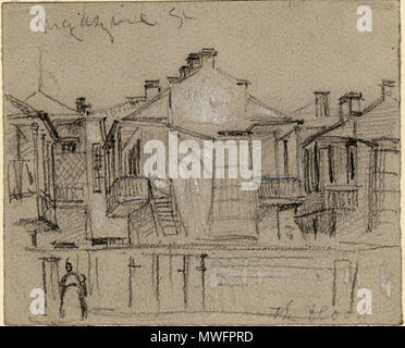 . Magazine Street, New Orleans. Skizze von A.R.Waud, C. 1871. ca. 1871. Alfred Rudolph Waud, 1828-1891 387 MagazineStreetTheFloodCisternWaud Stockfoto