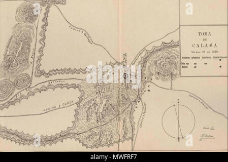 . Español: Mapa de la Region de Calama, donde La Batalla de Topater ocurrio. 1926. Antonio Machuca, 'Las Cuatro Campanas de la Bip" Tomo I 394 Mapa Toma de Calama 1879 (A. Machuca) Stockfoto