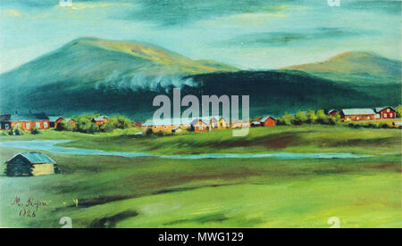 . Deutsch: Vanhaa Sallaa. Deutsch: Maija Kellokummun maalaus Kuolajärven kylästä eli Sallan vanhasta kirkonkylästä, etualalla keskellä kylää Kuolajoki ja Saha. Kylä tuhoutui myöhemmin sodassa ja alue luovutettiin Neuvostoliitolle. Maalaus kuuluu taidemuseon kokoelmiin Rovaniemen. . 1926 338 Kellokumpu, Vanhaa Sallaa Stockfoto