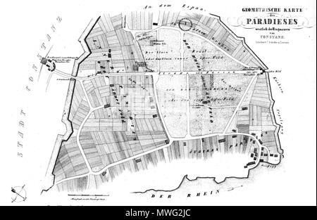 . English: Rekonstruktion der Konstanzer Gemarkung Paradies um sterben Konzilszeit; die Karte zeigt den" Brühl "vor den Stadtmauern. Der Kreis am oberen Rand zeigt die Stelle ein, wo Jan Hus verbrannt wurde, sterben gestrichelte Linie-Weg zur Hinrichtungsstätte. Zeichnung von J. Eiselein 1847 Englisch: Wiederaufbau der Bereich "Brühl" außerhalb der Mauern von Konstanz, wo Jan Hus auf dem Scheiterhaufen verbrannt wurde. Der Kreis an der Spitze markiert die Stelle, an der die Beteiligung entfernt wurde; die gepunktete Linie führende Marken letzte Schritte Hus". Zeichnung von J. Eiselein 1847. 1843. J. Eiselein (1847) 346 Konstanz Par Stockfoto