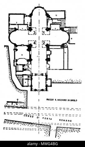 . Italiano: Autore: Hinweis sulla Daten: Anni 1938 / 62 Luogo: Fuori Paese Hinweis sul Luogo: Milano Inserita il: 07-03-2012 Beschreibung: La pianta della Basilica dei Santi Apostoli e Nazaro di Milano dai rilievi di Don Enrico Villa: i Numeri 1, 2, 3 e 4 indicano i punti facilitarono fissi che la Ricostruzione della Pianta originale paleocristiana ed i punti chiave delle campate. 1938. CMB 354 La pianta della Basilica dei Santi Apostoli e Nazaro di Milano Stockfoto