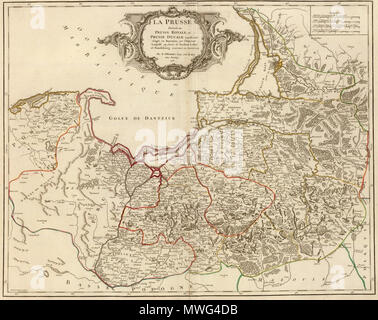 . Preußen im Jahre 1751, als Königliche Preußen und dem Königreich Preußen (ehemals herzoglichen Preußens) - "La Prusse divisee en Prusse Royale, et Prusse Ducale laquelle a ete erigee en Royaume par l'Empereur Leopold en zugunsten de Frederic I. Elec? De Brandenburg couronee en Janvier 1701. Par le Sr. Robert Geog. ord. Du Roy. Avec Privilege. 1751. Guill? Delahaye, sculpsit.". Robert de Vaugondy 355 La Prusse 1751 - Robert de Vaugondy Stockfoto