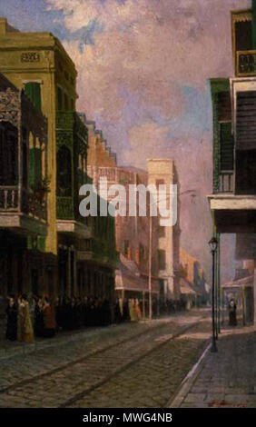 . "Damen der französischen Oper verlassen. New Orleans Szene von Paul Varreddes, Öl auf Leinwand, 1895 gemalt. Sicht ist auf der Bourbon Street hinunter in Richtung der Oper, die große weiße Struktur in naher Ferne gesehen. Eine doppelte Linie der Frauen gehen bis auf der Seeseite Bankett. . 1895 356 LadiesLeavingFrenchOperaPoincy Stockfoto