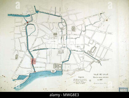 . Français: Plan des canaux de Lille Reliant la Moyenne Deûle à la Basse Deûle en 1857. 1857. Unbekannt 372 Lille plan canaux 1857 Stockfoto