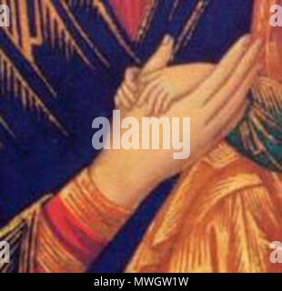 . Englisch: die Hände der allerseligsten Jungfrau Maria und das Kind, Detail von Unserer Lieben Frau von der Immerwährenden Hilfe, byzantinische Ikone sagte 13. oder 14. Jahrhundert Español: Manos virgen - Niño, las mejores del icono Virgen del Perpetuo Socorro. 13. oder 14. Jahrhundert. Unbekannte byzantinische Maler aus dem 13. oder 14. Jahrhundert 390 Manosdelaperpe Stockfoto