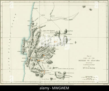 . Español: Mapa de las riquezas de Salitre del Desierto de Atacama (Bolivien) Publicado en 1877 por el Ingeniero inglés Josia Harding en la Revista londinense Amtsblatt der Königlichen Geographischen Gesellschaft. 1877. Mapa de las riquezas de Salitre del Desierto de Atacama (Bolivien) Publicado en 1877 por el Ingeniero inglés Josia Harding en la Revista londinense Amtsblatt der Königlichen Geographischen Gesellschaft 392 Karte Antofagasta Region 1877 Stockfoto