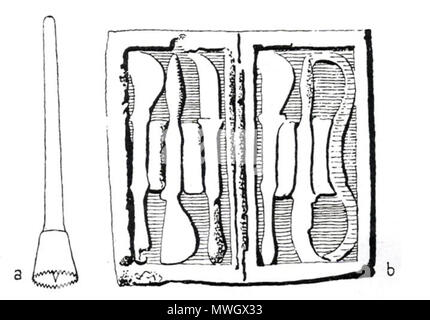 . Englisch: Instrumente von den antiken griechischen Chirurgen verwendet. Inhalt: (a) trephine. (B) Fall von SKALPELLEN. . Vom Benutzer abgefragt: Rmrfstar ab Seite 33: Sänger, Charles & Underwood, E. Ashworth (1962), Kurze Geschichte der Medizin, Oxford University Press, New York und Oxford, Bibliothek des Kongresses ID: 62-21080. Englischer Text entfernt durch User: shinzon. 44 Ancientgreek chirurgische lang neutral Stockfoto