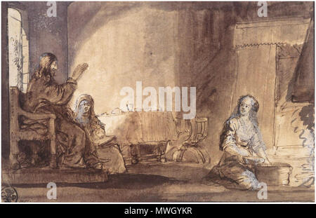 . Englisch: Zeichnung von Jesus, Maria und Martha zu Rembrandt. zwischen 1606 und 1669 zurückzuführen. Rembrandt (?) 400 Martha und Maria zu Jesu Füßen Stockfoto