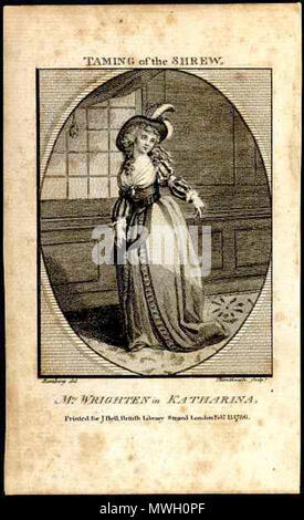 . Englisch: Der Widerspenstigen Zähmung 1780: Frau Wrighten als Katharina im Burgoyne's comic Opera Version: Katharina und Petruchio. 15 März 2014, 10:06:47. Kupferstich von Thornthwaite, nach J.H.Ramberg, als Platte in Bell's Shakespeare, 1786 veröffentlicht. 404 Mary Ann Wrighten Stockfoto