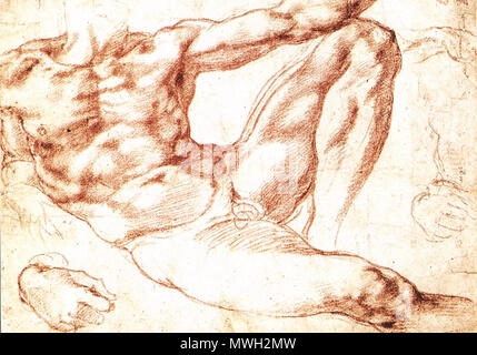 . MICHELANGELO BUONARROTI Studie für Adam Rote Kreide, 19,3 x 25,9 cm, British Museum, London. ca. 1510. Siehe Dateiname oder Kategorie 415 Michelangelo Sixtinische Kapelle Studie Stockfoto
