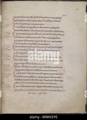 . Français: Texte d'une Seite (Folio 160v) tirée d'un livre liturgique carolingien (British Library, MS hinzufügen. 11848), écrit en minuscule Caroline. Englisch: Seite Text (Folio 160 v) von einem karolingischen Evangeliar (British Library, MS hinzufügen. 11848), die in der karolingischen Minuskel geschrieben. - Der Text ist Lukas 23, 14-26. English: Folio (Blatt) 160 v aus der Vulgata-Handschrift British Library MS hinzufügen. 11848, Text: Lukas 23,15 - 26. Geschrieben in karolingischer Minuskel. Dezember 2010. Diese Datei fehlt, Informationen zum Autor. 418 Minuscule Caroline Stockfoto