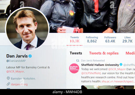 Dan Jarvis MP (Bürgermeister von Sheffield) Twitter Seite (2018) Stockfoto