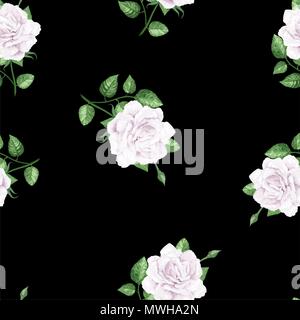 Rose Blumen, Blüten und Blätter in Aquarell Stil auf schwarzem Hintergrund. Nahtlose Muster für Textilwaren, Geschenkpapier, Paket Stock Vektor