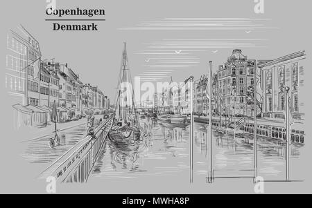 Pier in Kopenhagen, Dänemark. Wahrzeichen von Dänemark. Vektor hand Zeichnung Illustration in den Farben Schwarz und Weiß auf grauem Hintergrund. Stock Vektor