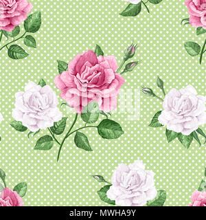 Rose Blumen, Blüten und Blätter in Aquarell Stil auf der grünen gepunkteten Hintergrund. Nahtlose Muster für Textilwaren, Geschenkpapier, Paket Stock Vektor