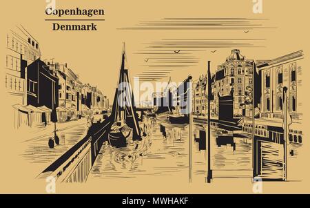 Pier in Kopenhagen, Dänemark. Wahrzeichen von Dänemark. Vektor hand Zeichnung Abbildung in Farbe schwarz auf braunem Hintergrund isoliert. Stock Vektor