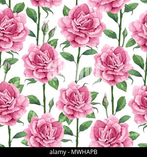 Rose Blumen, Blüten und Blätter in Aquarell Stil auf weißem Hintergrund. Nahtlose Muster für Textilwaren, Geschenkpapier, Paket, Stock Vektor