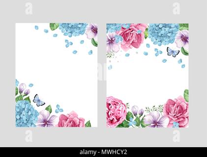 Florale leere Vorlage festlegen. Blumen in Aquarell Stil auf weißen Hintergrund für Werbebanner, Polygraphie, Einladung Hochzeit, Grenze isoliert. Stock Vektor