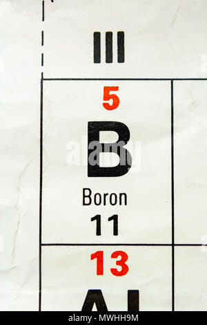 Bor (B), da es eine britische Schule periodische Tabelle angezeigt. Stockfoto