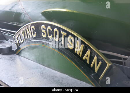 Nahaufnahme der ikonischen Typenschild, das Flying Scotsman, auf der Steam Train Tour von den Chilterns, 31. Mai 2018 Stockfoto