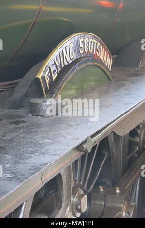Nahaufnahme der ikonischen Typenschild, das Flying Scotsman, auf der Steam Train Tour von den Chilterns, 31. Mai 2018 Stockfoto