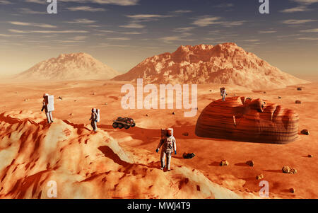 Menschlichen Astronauten entdecken eine geheimnisvolle Skulptur Gesicht auf der Oberfläche des Mars Stockfoto