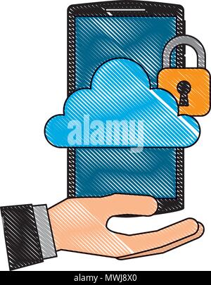 Hand Smartphone mit Cloud Storage cybre Sicherheit Vector Illustration Stock Vektor