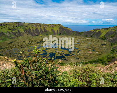 Kraterrand, erloschenen Vulkan Rano Kau, mit Feuchtgebiet in Krater und das Meer Horizont, Osterinsel, Rapa Nui, Chile Stockfoto