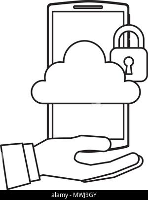 Hand Smartphone mit Cloud Storage cybre Sicherheit Vector Illustration Stock Vektor