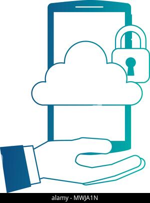 Hand Smartphone mit Cloud Storage cybre Sicherheit Vector Illustration Stock Vektor