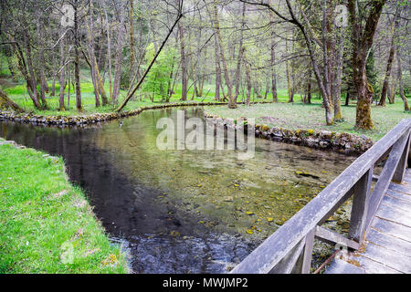 Fluss Bosna in ilidza am Naturpark Vrelo Bosne in der Nähe von Sarajevo, Bosnien und Herzegowina. Stockfoto