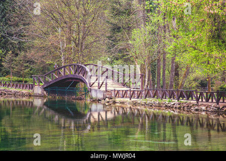 Holzbrücke im Naturpark Vrelo Bosne in der Nähe von Sarajevo, Bosnien und Herzegowina. Vintage Style. Stockfoto