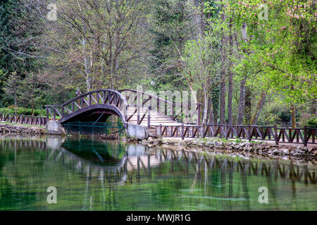 Holzbrücke im Naturpark Vrelo Bosne in der Nähe von Sarajevo, Bosnien und Herzegowina. Stockfoto