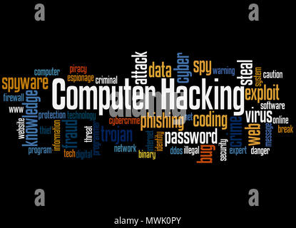 Hacking Wort cloud Konzept auf schwarzem Hintergrund. Stockfoto